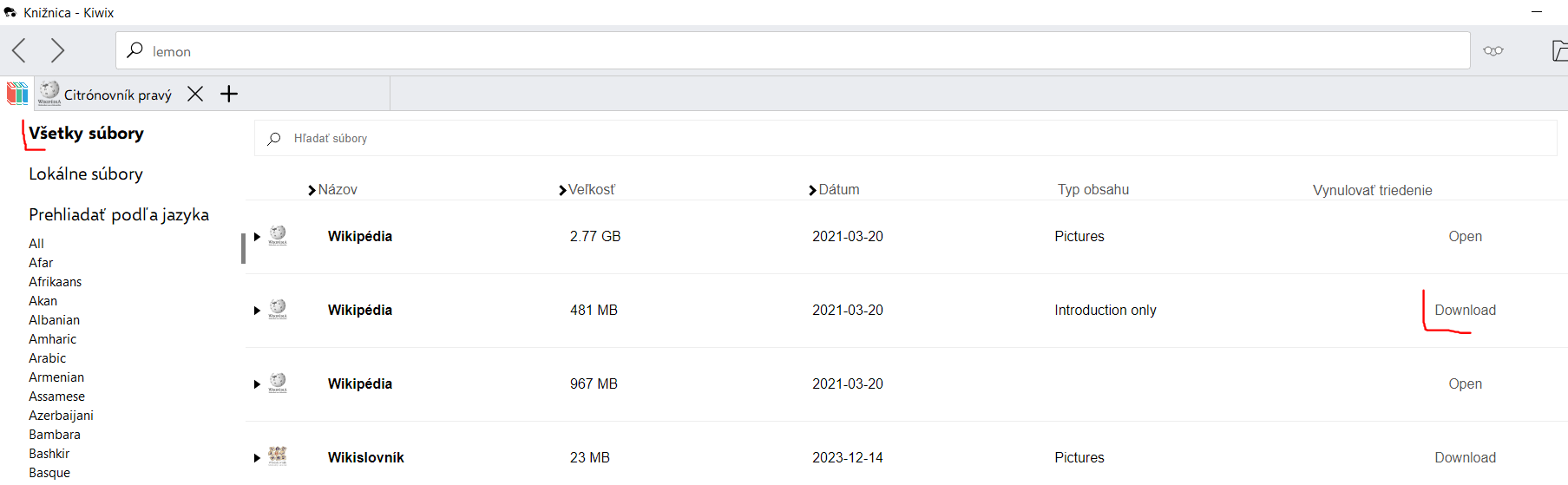 Kiwix interface for browsing offline Wikipedia