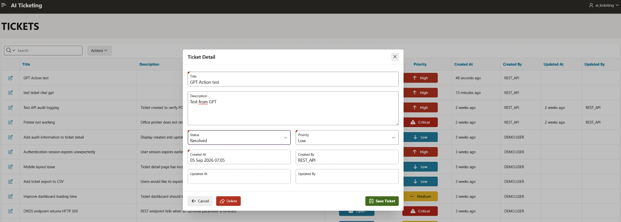 Oracle APEX ticket detail showing GPT Action test created through the REST API