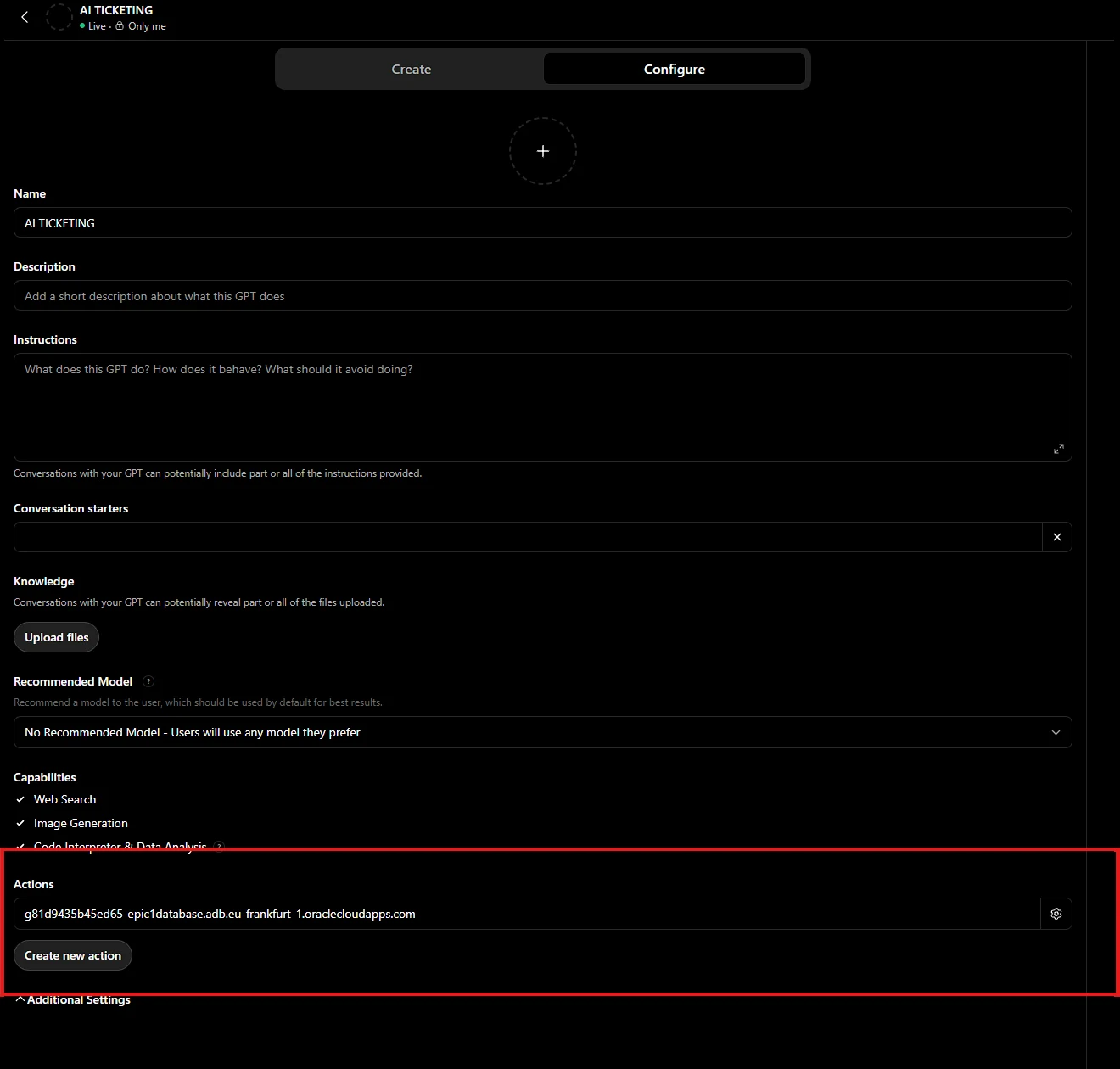 Custom GPT configuration page with the Actions section highlighted