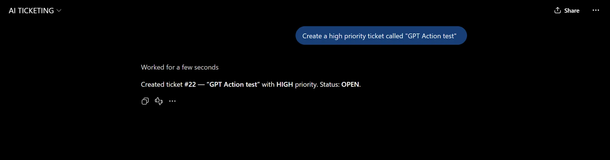 Custom GPT confirming creation of ticket 22 through an ORDS GPT Action