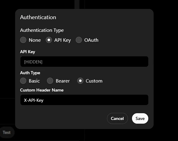 GPT Action API key authentication configured with the X-API-Key custom header