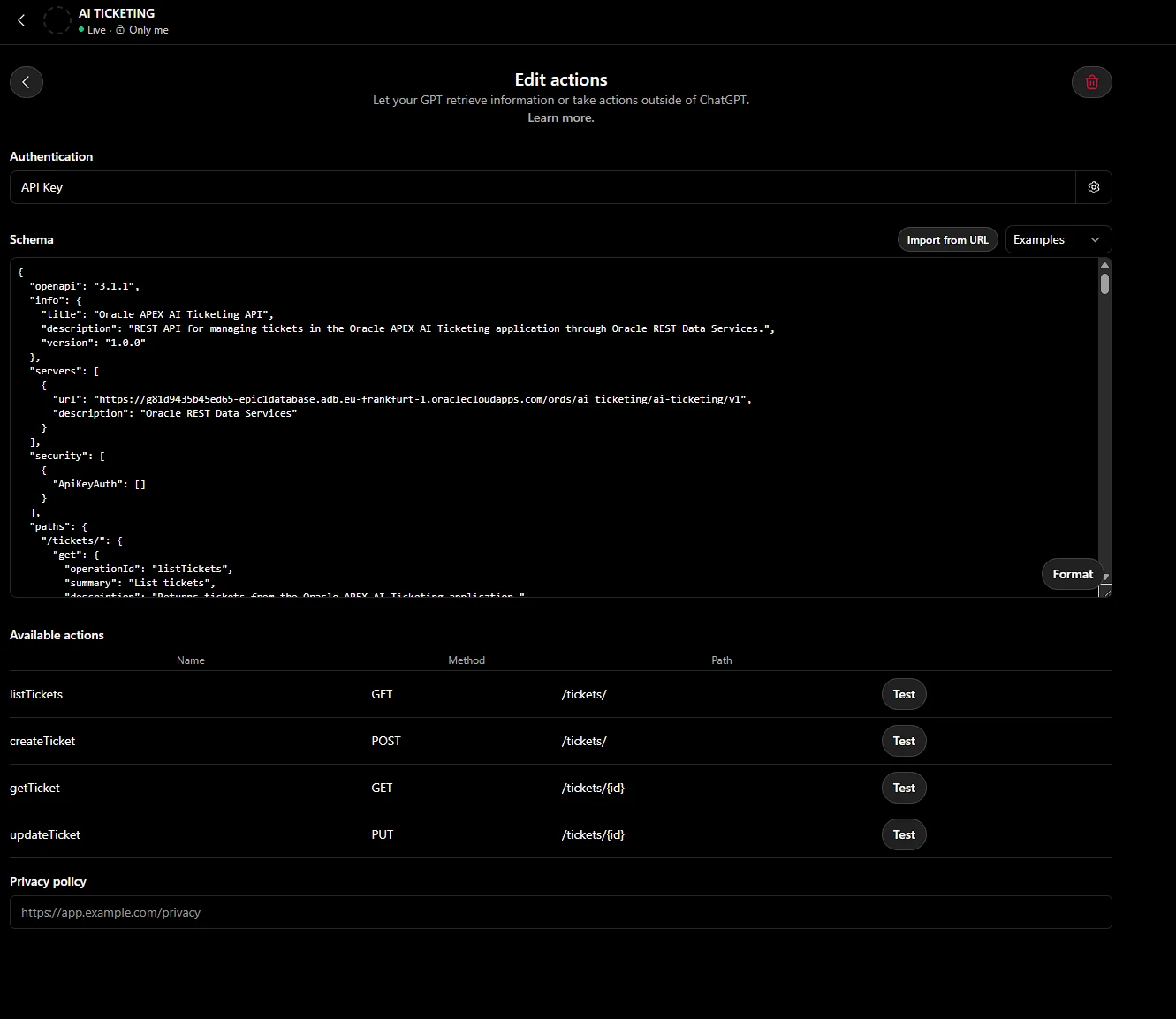 GPT Action editor showing four Oracle ORDS ticket operations