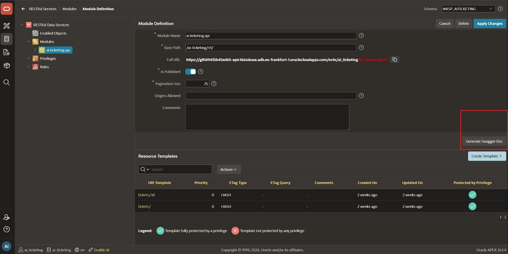 Generate Swagger Doc button in the ORDS REST module definition