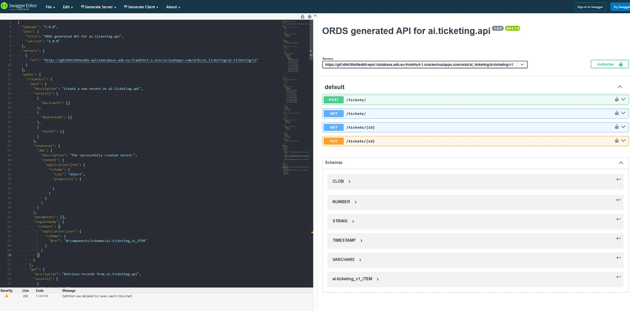 ORDS-generated API definition opened in Swagger Editor