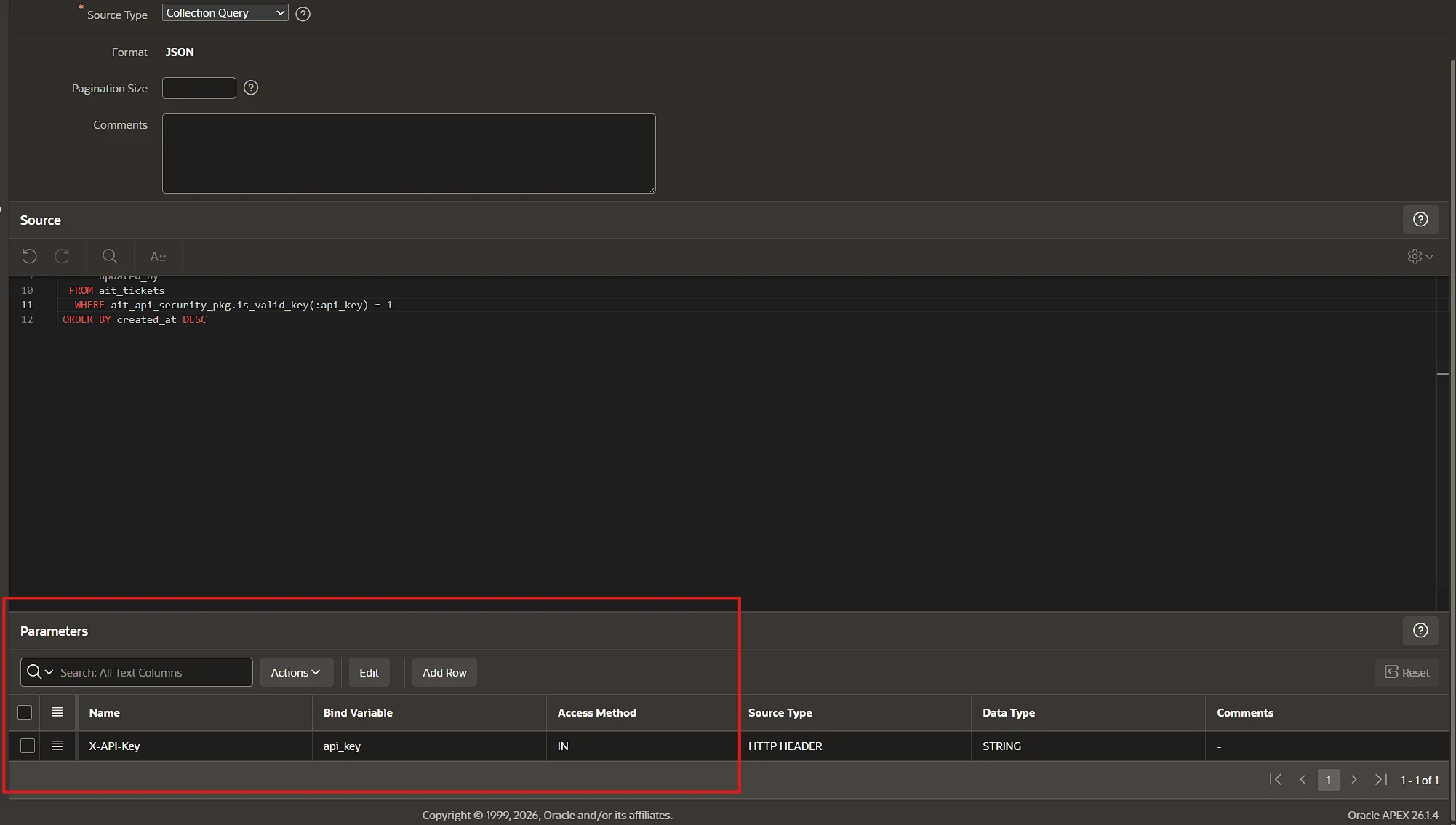 X-API-Key configured as an HTTP Header parameter in an ORDS handler