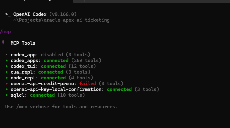 SQLcl MCP server connected in Codex